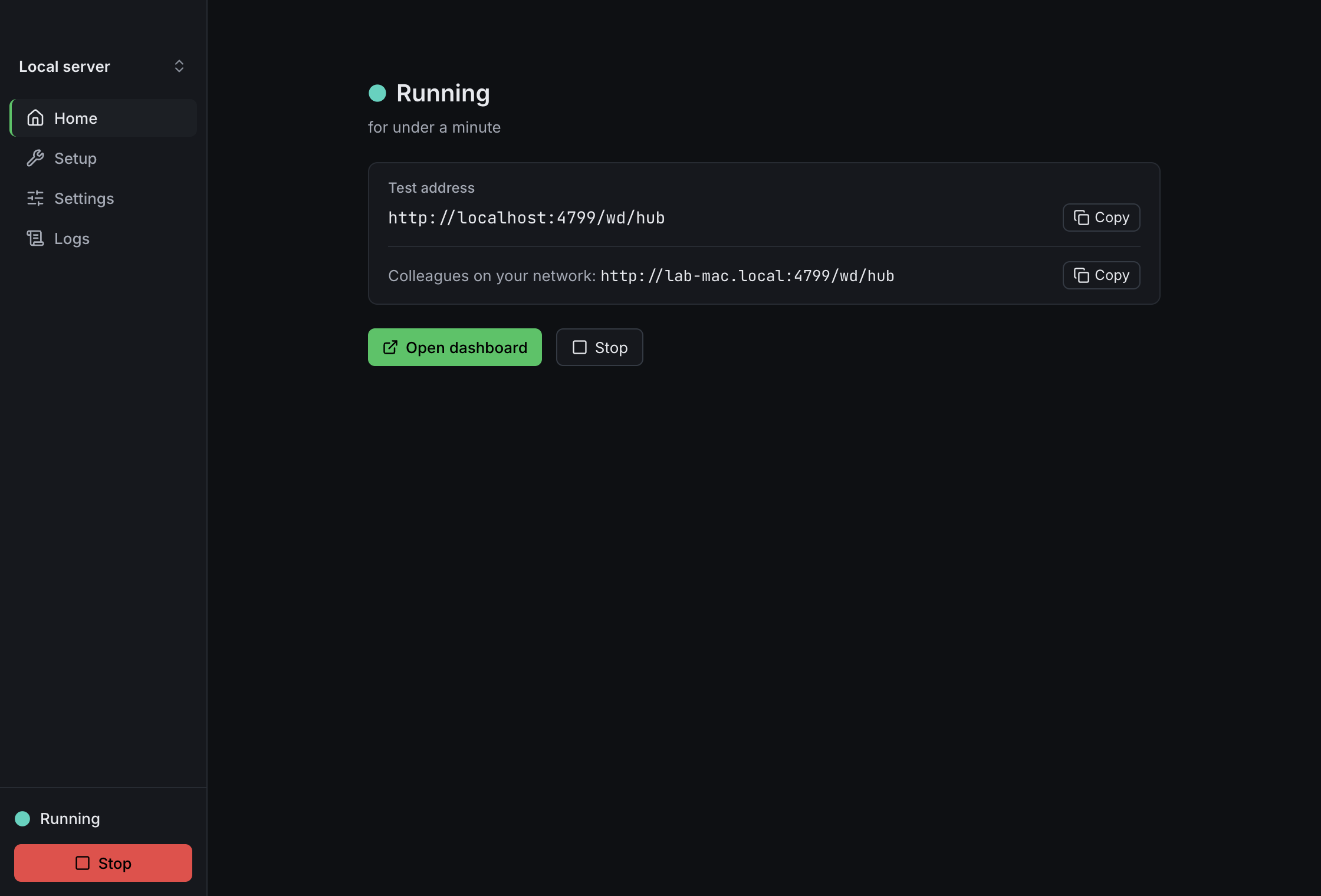 Home in Xenon Control with the server running: the test address, the address for colleagues and Open dashboard