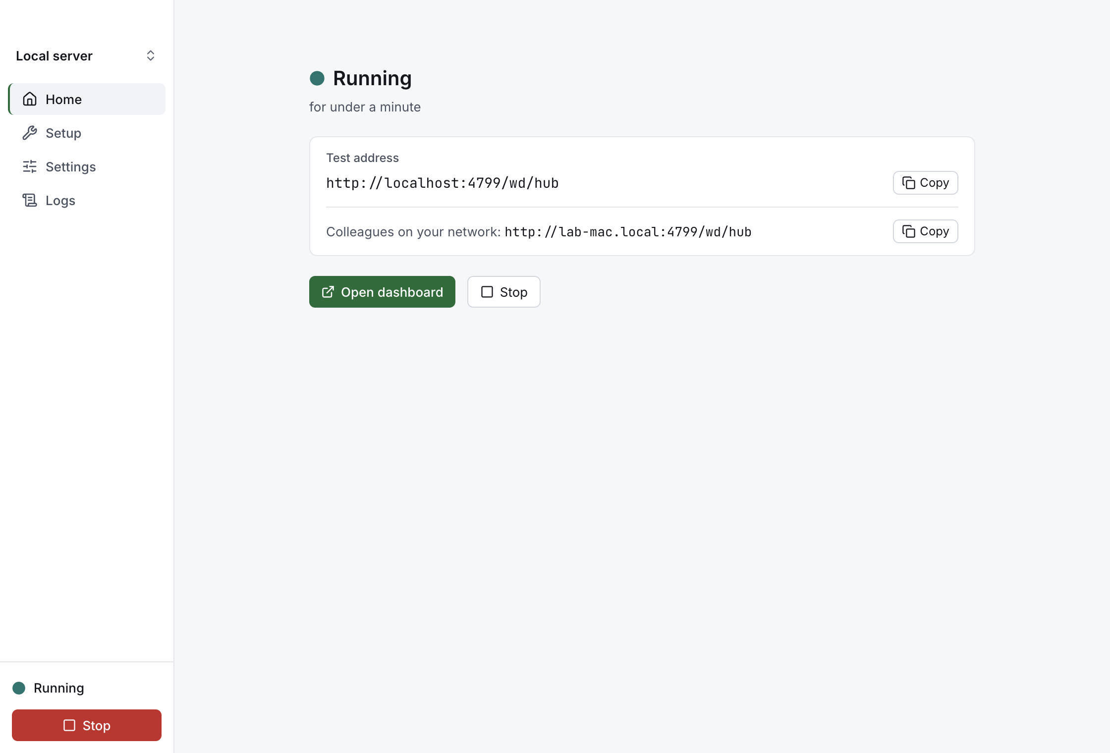 Home in Xenon Control with the server running: the test address, the address for colleagues and Open dashboard