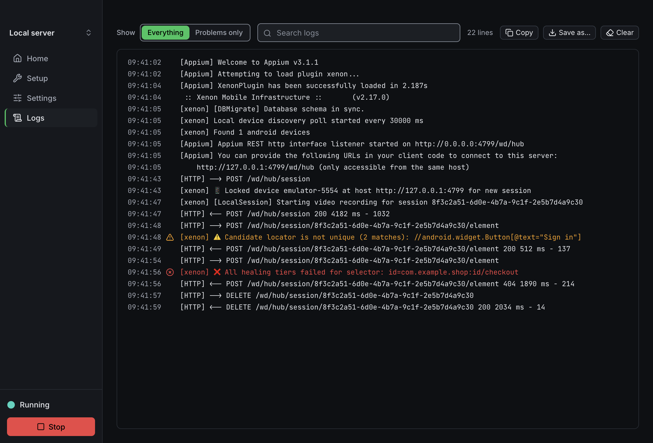 Logs while the server runs: times, a warning and an error, and the Show, search, Copy, Save as… and Clear controls