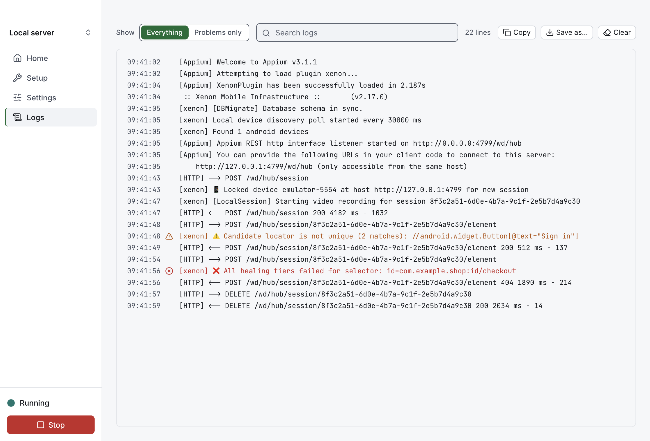 Logs while the server runs: times, a warning and an error, and the Show, search, Copy, Save as… and Clear controls
