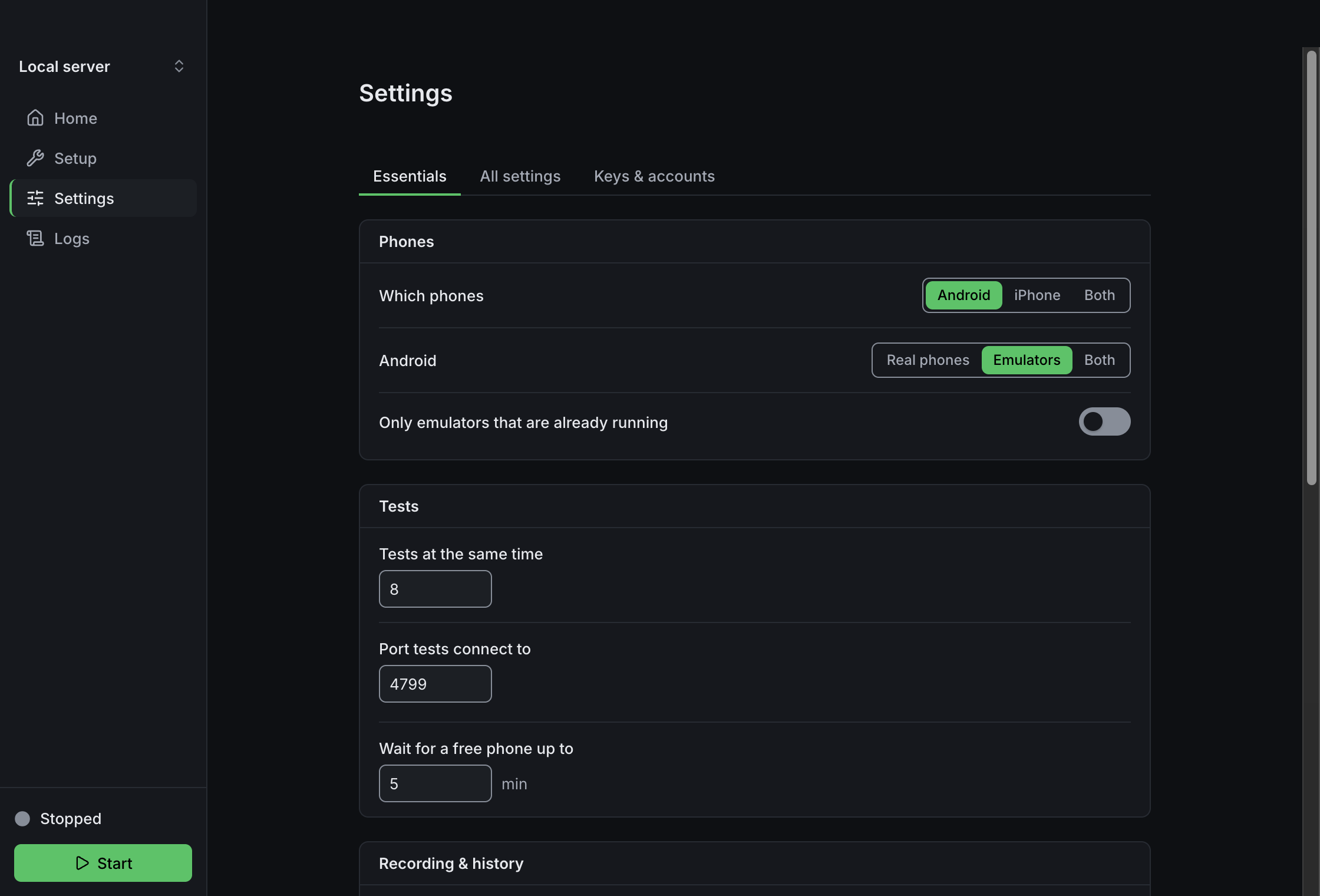 Settings: the Essentials tab, with the Phones and Tests groups