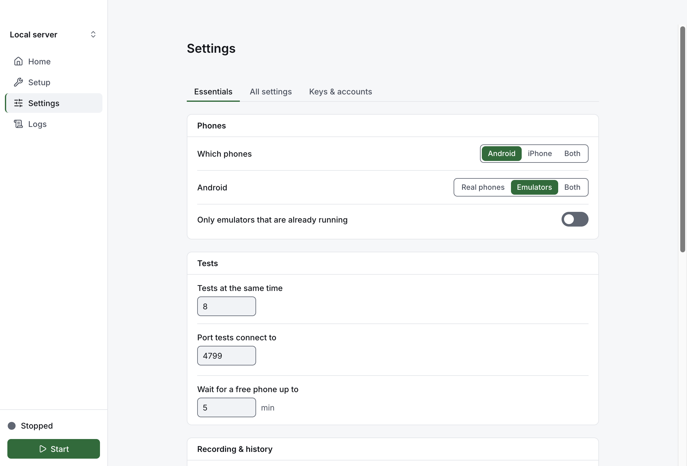 Settings: the Essentials tab, with the Phones and Tests groups
