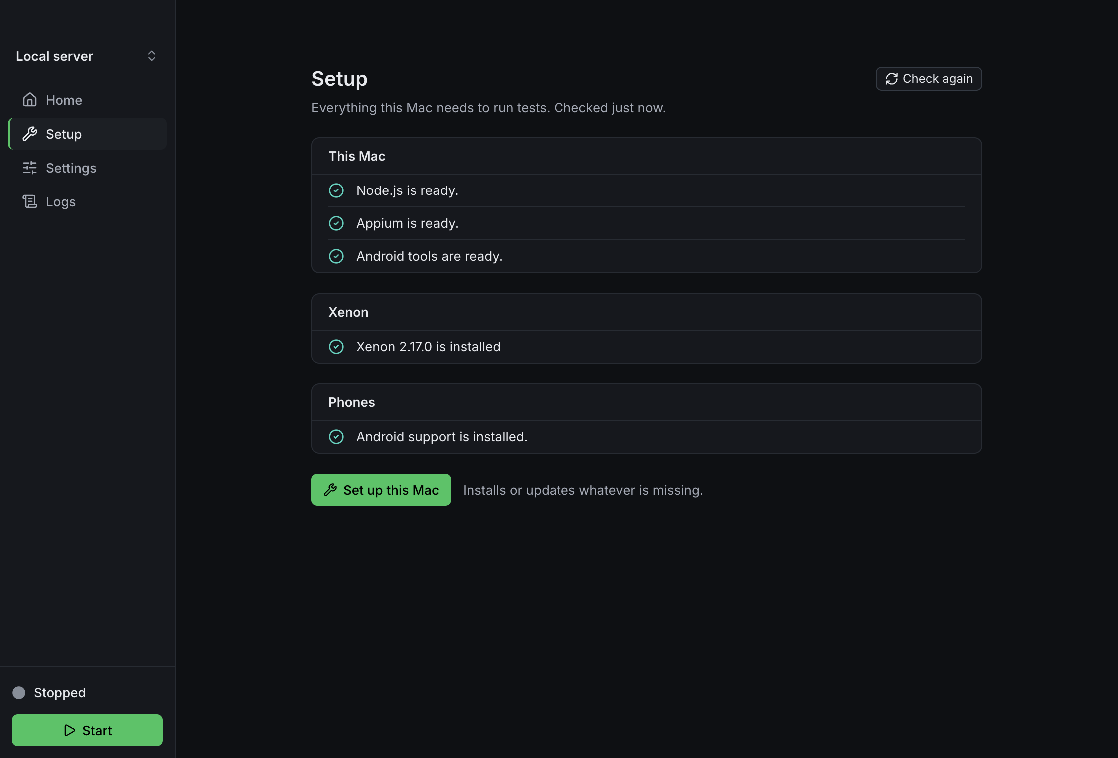 Setup: This Mac, Xenon and Phones, every check ready, and the Set up this Mac button