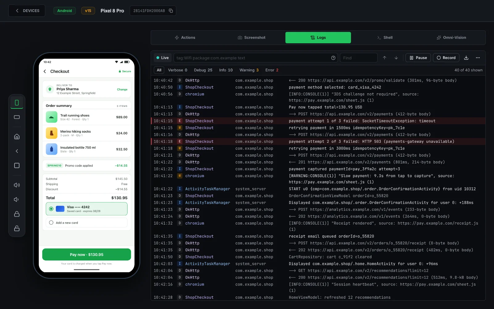 Xenon device control: a phone's live preview beside its Logs tab
