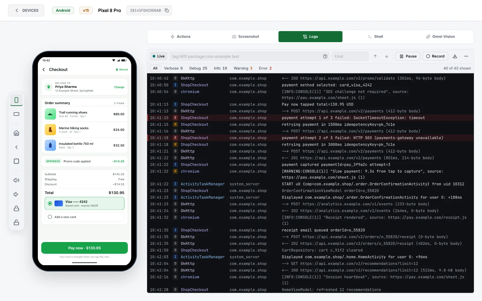 Xenon device control: a phone's live preview beside its Logs tab