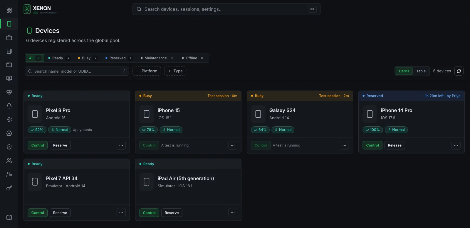 Xenon dashboard, Devices page