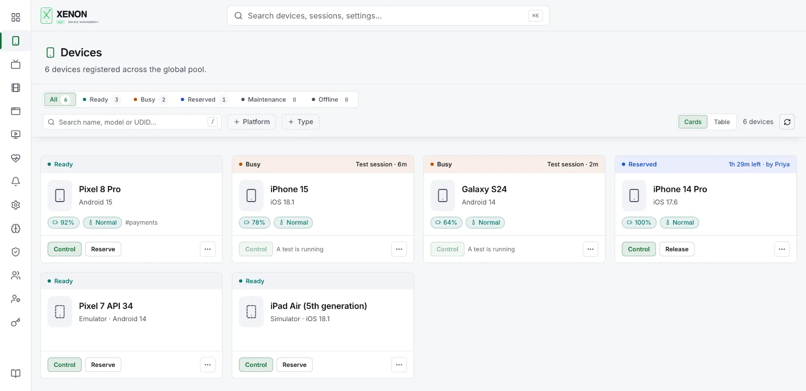 Xenon dashboard, Devices page